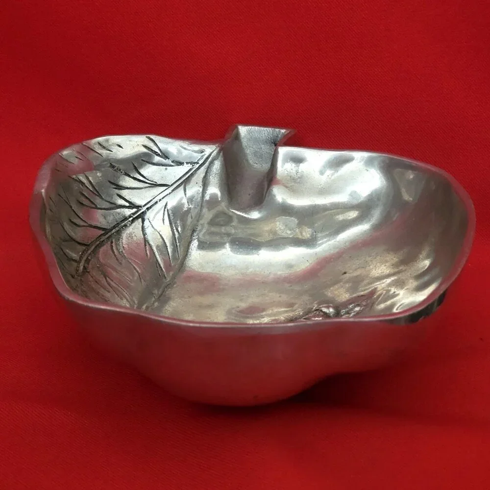 Vintage Metal Apple Shape Trinket Dish Leaf Design Bumblebee